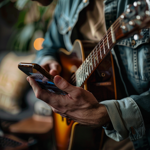 A man holding a guitar in one hand and a phone in the other